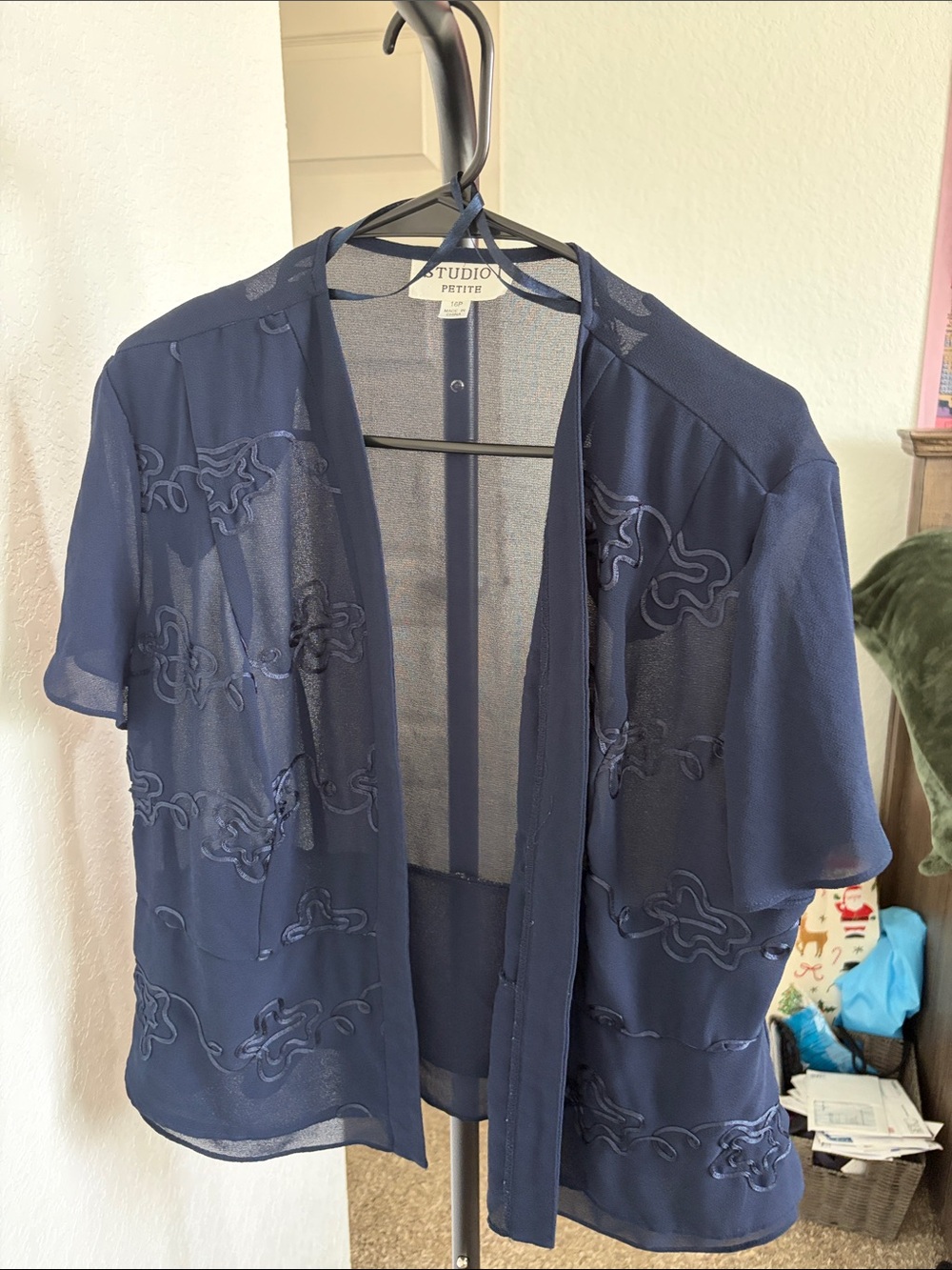 Studio I Navy Sheer Embroidered Short Sleeve Open Cardigan
